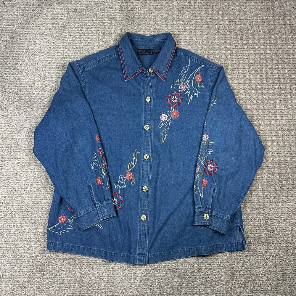 New Direction Woman Blue Denim Floral Embroidered Button Down Shirt 2X Boho